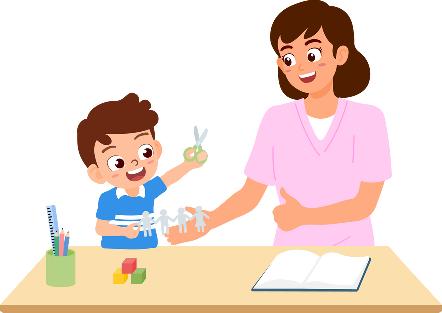 child using scissors cutting paper with occupational therapist or teacher